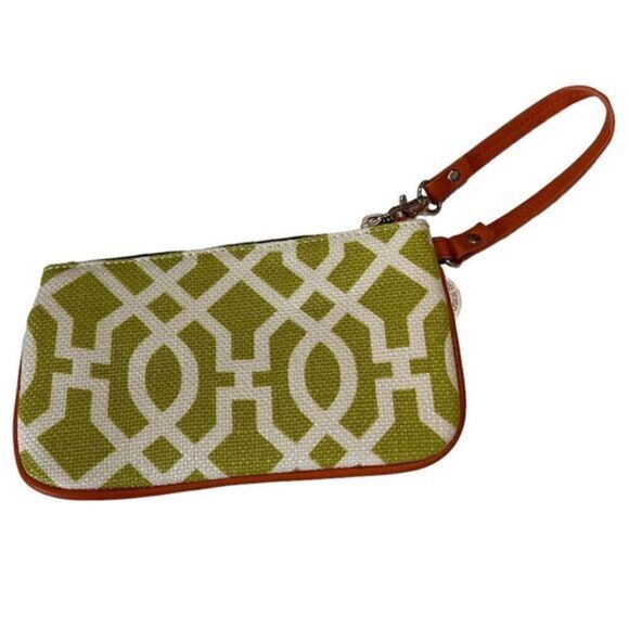 Spartina Daufuskie Island Lime Green Pattern Linen and  Leather Zip  Wristlet - Picture 2 of 11